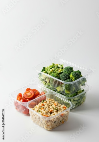 Freshly prepared healthy portioned meals stored in clear plastic containers, isolated on a clean white background, colorful, serving, pre-portioned