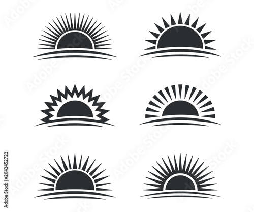 Collection of sunrise icons in black and white
