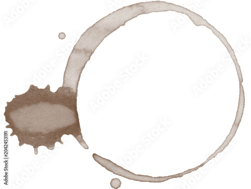 Obraz na płótnie Brown coffee stain ring with a prominent splatter burst on the left side and minor droplets isolated on a transparent background for dynamic graphic overlays