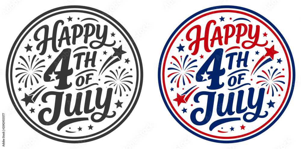 Obraz premium Happy 4th of july celebration badges with fireworks and stars isolated on transparent background