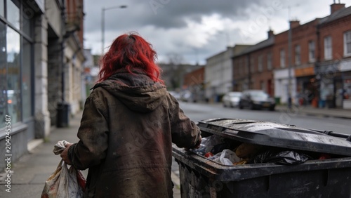 Person experiencing homelessness searching through overflowing dumpster in urban environment under overcast sky Documentary style scene highlighting poverty social inequality economic hardship food 