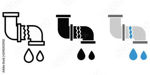 Broken leaking pipe icon set with water drops Vector