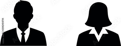 Professional male and female business user profile avatar icons in formal suits for corporate account representation vectors