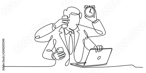 Busy businessman multitasking with laptop phone and alarm clock line art