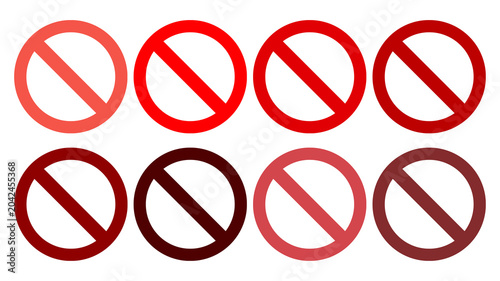 Set of red prohibition signs in various shades. Forbidden symbols with diagonal slash on white background. Vector icons for warning, stop, and no entry concepts.