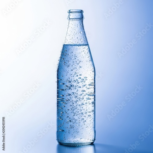 A clean glass bottle holding a clear sparkling carbonated beverage, featuring moisture droplets and intense studio lighting for commercial use, transparent, refreshment, chilling