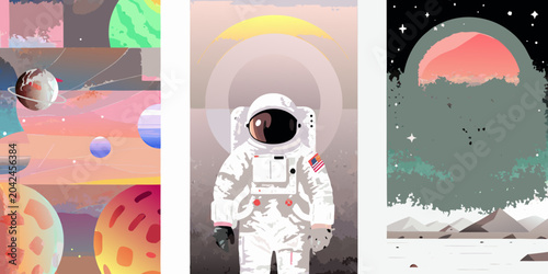 Fotografia cosmic space exploration triptych vector illustration astronaut