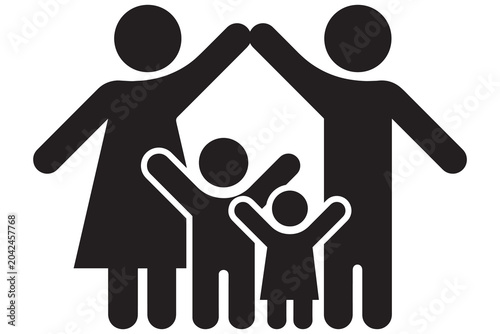 Obraz na płótnie A family silhouette forms the shape of a house with raised hands