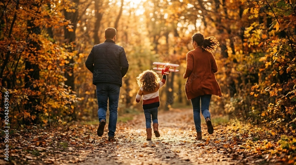 Fototapeta premium Happy family with father, mother, and child running through a golden autumn forest, little girl holding a toy airplane, warm sunset lighting, Father's Day concept.