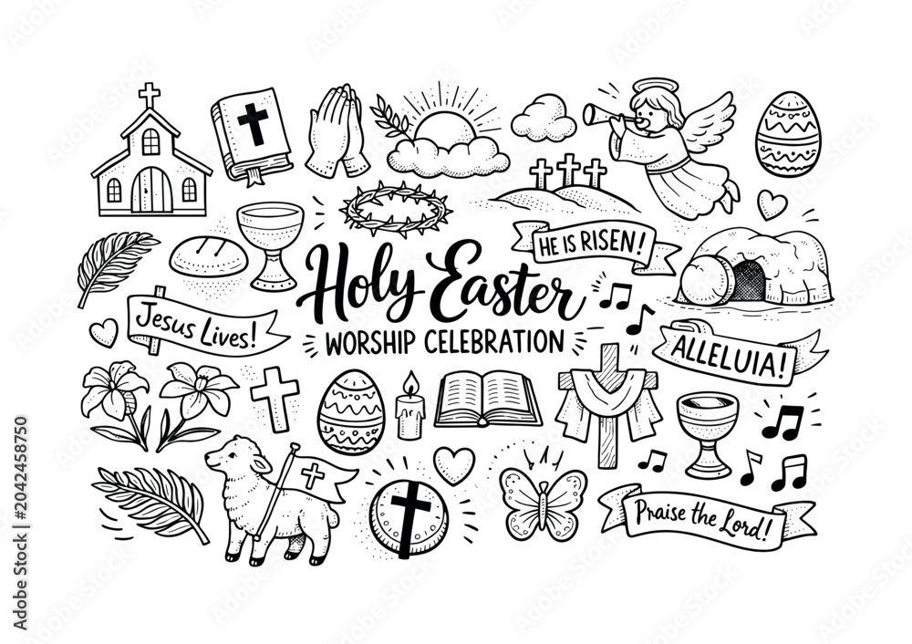 Obraz premium Doodle illustration of Easter symbols and religious phrases for worship celebration