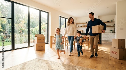 Proud father carries moving box as his joyful family runs into their bright new home, celebrating a fresh start and family milestone.