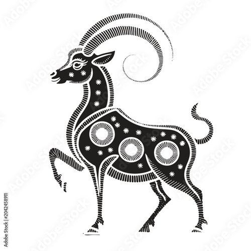 A stylized silhouette of a goat, the symbol of 2027 according to the Chinese calendar. Monochrome vector outline sketc
