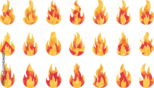 Set of fire flames icons with polygonal low poly style design isolated on transparent background vector graphic collection.