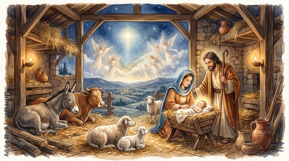 Obraz premium Nativity scene with woman, man and child in stable. Watercolor illustration of holy birth with animals and angels under bright star. Religious celebration for Christmas holiday.