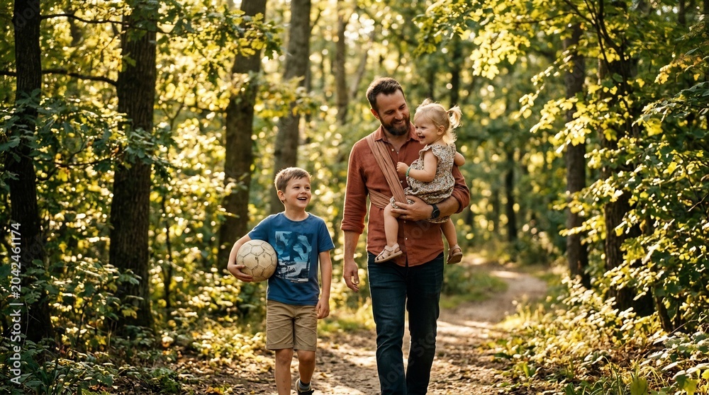 Fototapeta premium Happy father walking on sunlit forest trail with young son holding soccer ball and toddler daughter in baby carrier, loving family bonding outdoors on a warm sunny day
