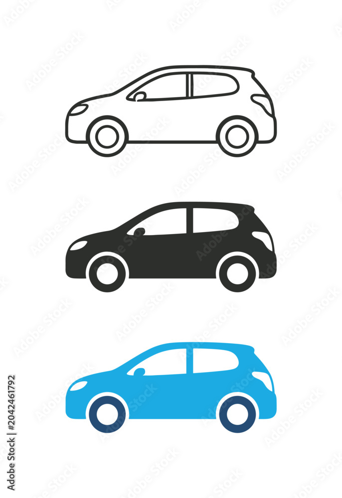 Naklejka premium Set of three car icons in outline, solid black, and blue colors