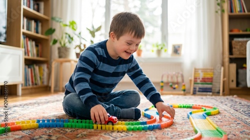 Happy child with down syndrome playing with toy car on track in living room. Development and learning activity for boy. Childhood education, inclusion and domestic environment concept.