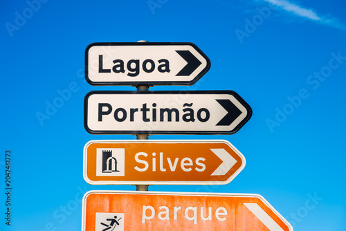 Directional Signs to Lagoa, Portimao and Silves, famous destinations in the Algarve, Southern Portugal