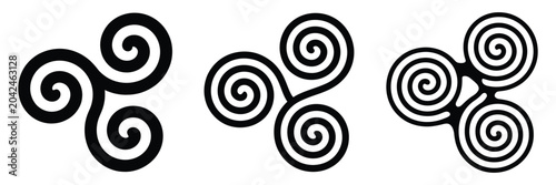 Fotografija Black Celtic triskelion spiral collection displaying geometric multi-turn spiral motifs with rotational symmetry isolated on white background