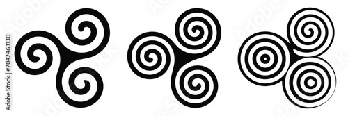 Fotografija Three black Celtic triskelion spiral icons featuring two, three, and four-turn motifs with rotational symmetry on white background