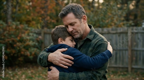 Loving father embracing his young son in a warm, emotional hug outdoors, expressing comforting support, parental love, and deep family connection.