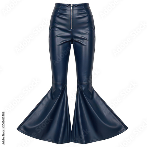 Photography Stylish black faux leather flare pants with high waist and zipper closure on a transparent background