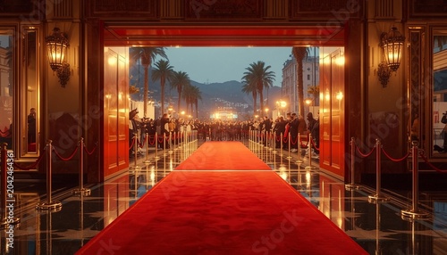 A luxurious red carpet gracefully extends from an ornate interior, guiding guests towards a dazzling outdoor evening event, symbolizing prestige and grand celebrations