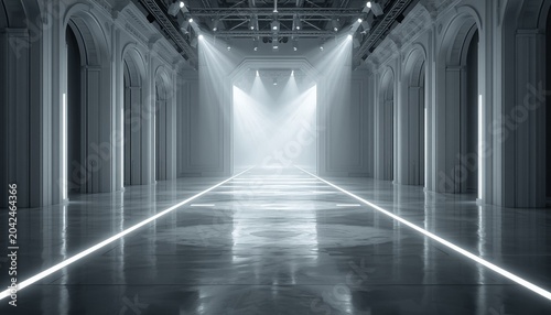 Grand modern architectural hall illuminated by dramatic spotlights, highlighting a pristine, reflective runway, creating an elegant and futuristic presentation venue
