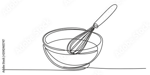 Continuous line drawing of a kitchen whisk in a glass mixing bowl for baking