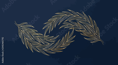 Quadro su tela Two intertwined golden feather branches on a navy blue background