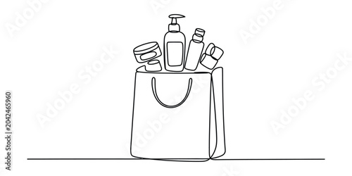 Continuous line drawing of a shopping bag filled with cosmetic skin care products