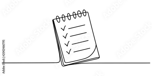 Continuous single line drawing of a spiral notepad with a completed checklist
