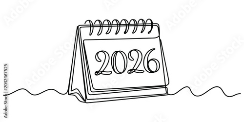Continuous single line drawing of 2026 desk calendar