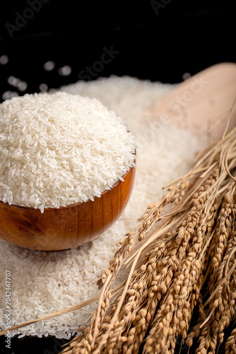 Fotografie Uncooked White Rice in Wooden Bowl with Dried Rice Stalks