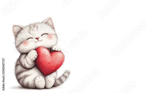 A cute kitten holding a red heart celebrates the holiday. A kitten character for Valentine's Day or any romantic occasion on a white background.