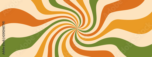 Retro sun rays burst. Psychedelic spiral and swirl for groovy 70s background. Vintage Vector illustration.