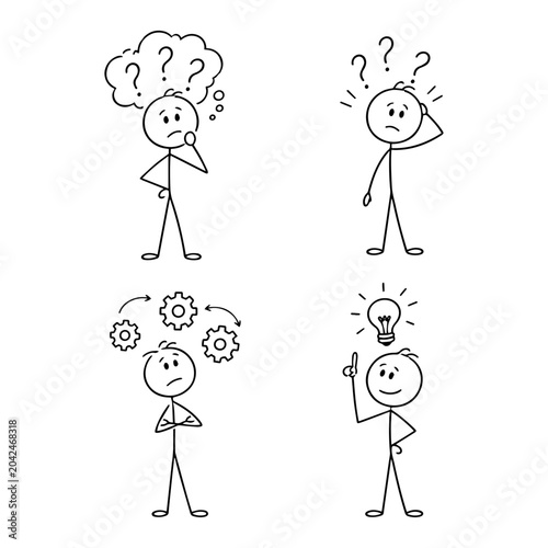 Set of stick figure characters in different poses thinking and finding new creative ideas.
