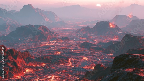 Fiery lava flows create a rough, hot landscape.