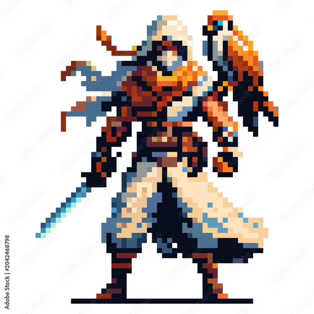 Obraz premium A pixel art character dressed in a robe and hood holds a sword in one hand while a bird perches on the other. The scene shows a mix of adventure and fantasy elements