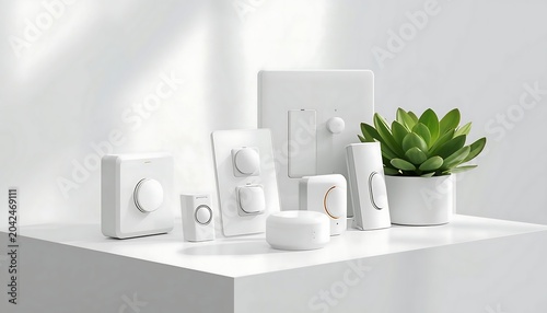 A variety of white smart home control devices, including switches and sensors, are arranged in a modern composition with a plant.
