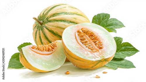 Sweet melon picture appears on a white background, showing a fresh fruit drawing.