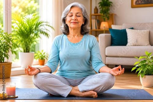 Serene senior woman meditating in a tranquil home environment, embracing mindfulness and inner peace through a calming yoga practice for well-being and relaxation