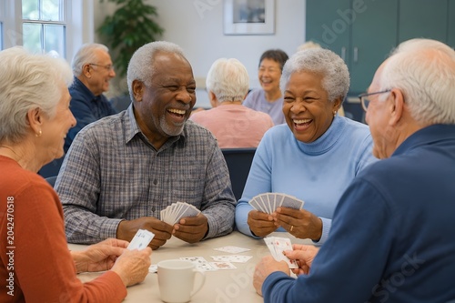 A lively and diverse group of senior friends shares laughter and camaraderie over a spirited game of cards in a bright community setting, enjoying their golden years together