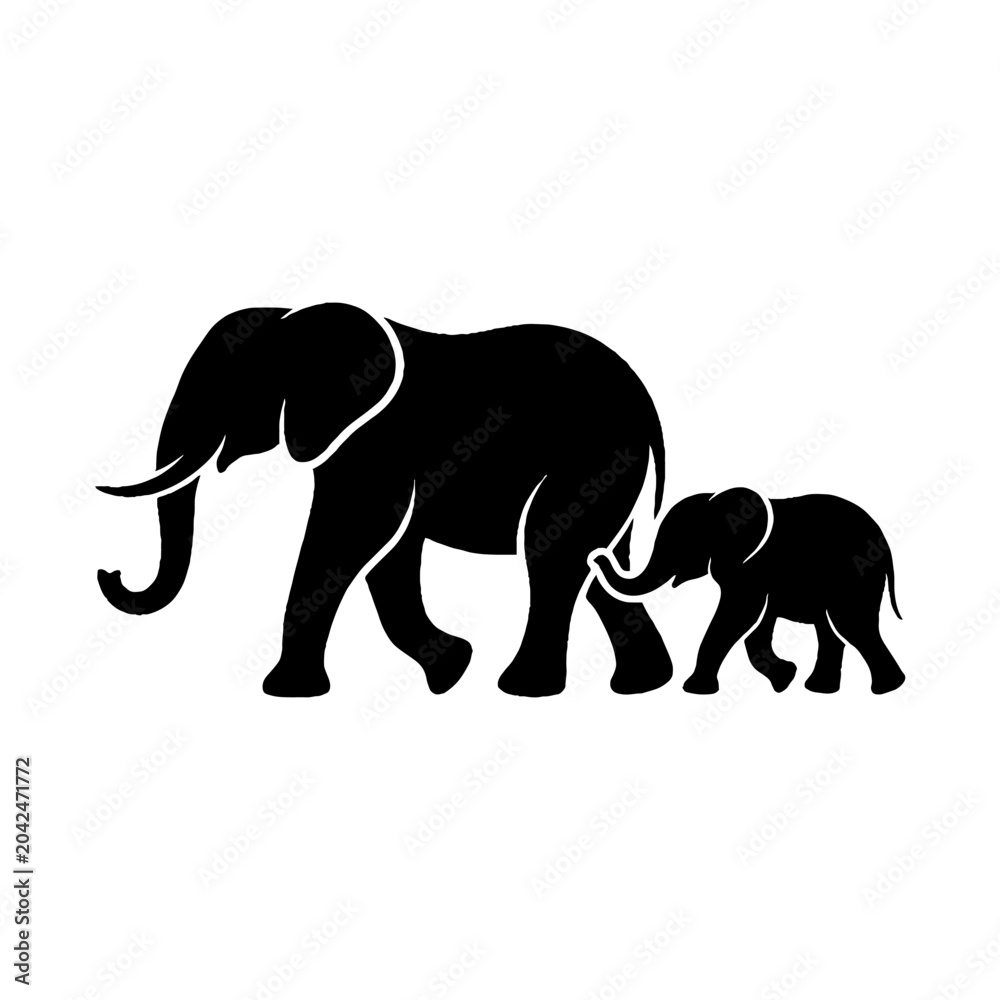 Fototapeta premium Silhouette of a mother elephant walking with her baby calf.