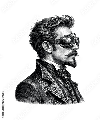 Victorian gentleman with goggles and mustache in detailed engraving style