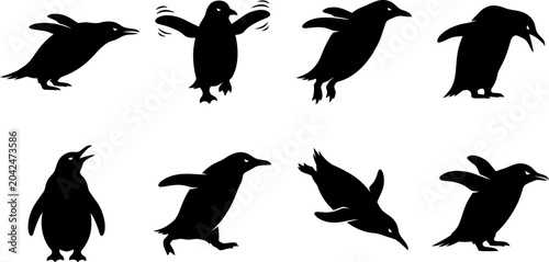Tableau sur toile Set of dynamic penguin silhouettes in action poses including jumping and sliding