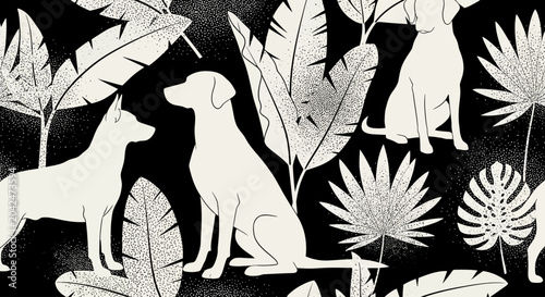 Foto Dogs in tropical leaf pattern, black and white illustration, pet background