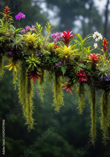 Lush display of diverse epiphytic plants thriving high above the forest floor, clinging to a massive tropical tree branch in the jungle, lush, orchid, elevated