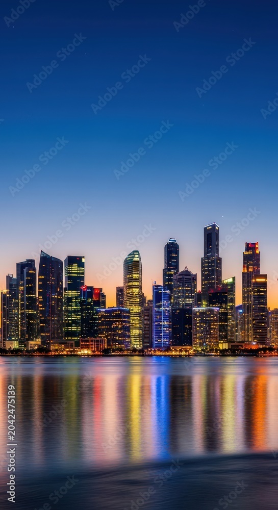 Fototapeta premium Modern coastal metropolis skyline viewed across calm tropical water at twilight with towering glass structures and vibrant evening lights, destination, shore, bay