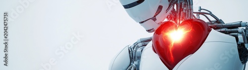 Close-up Futuristic white robot torso with radiant red glowing heart core. AI concept symbolizing sentient technology and artificial emotion. Robotics, Innovation